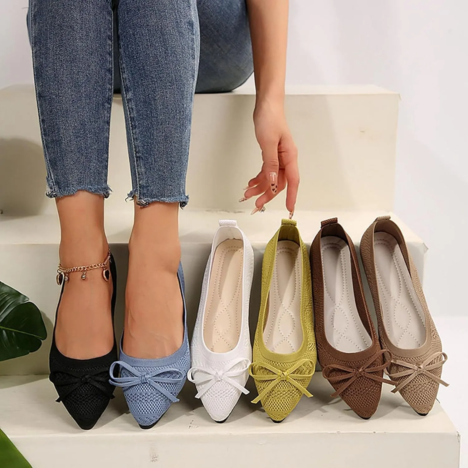 Ballet Flats Shoes for Women 2025 Trendy Dressy Pointed Toe Bow Knit Flats Comfortable Slip On Work Business Shoes