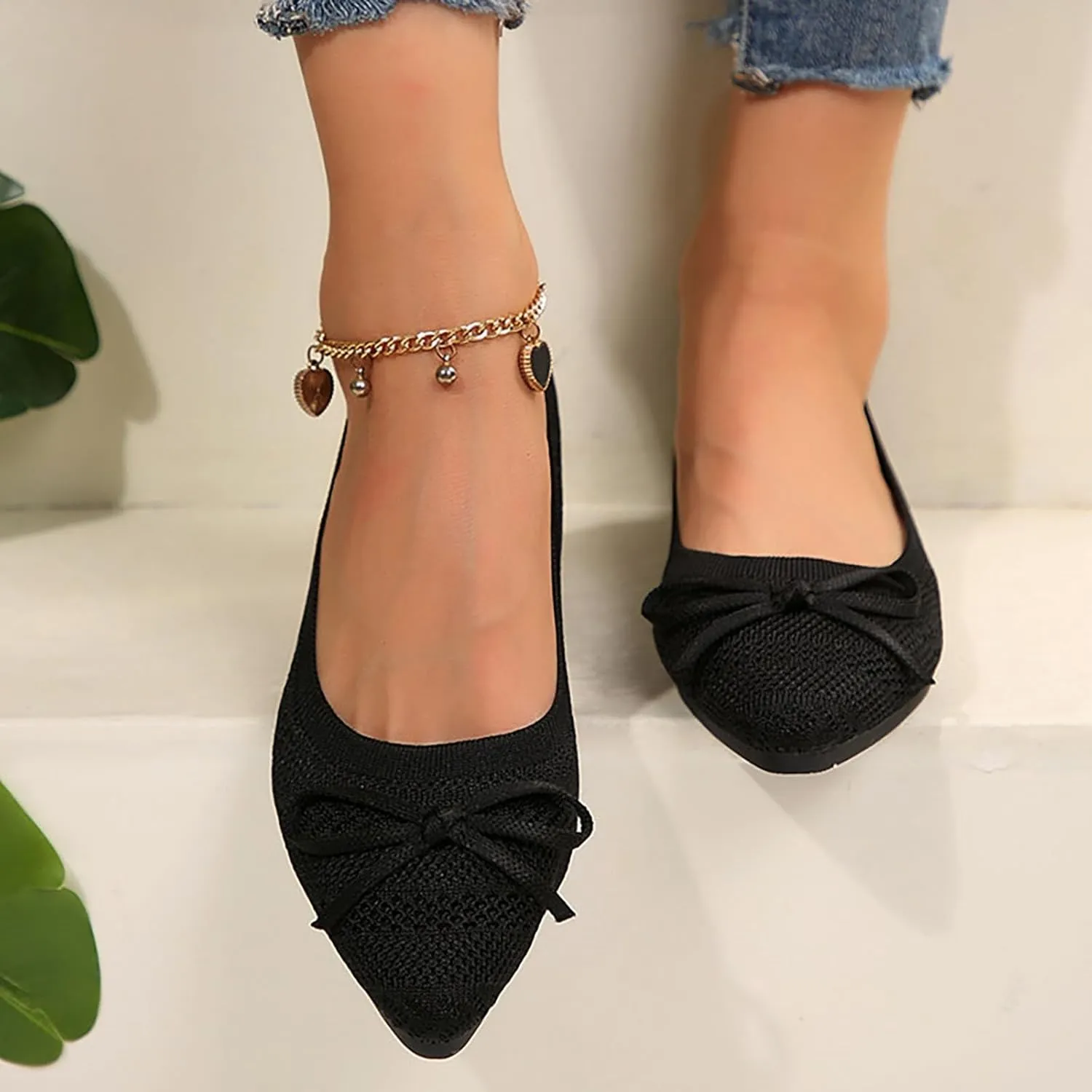 Ballet Flats Shoes for Women 2025 Trendy Dressy Pointed Toe Bow Knit Flats Comfortable Slip On Work Business Shoes