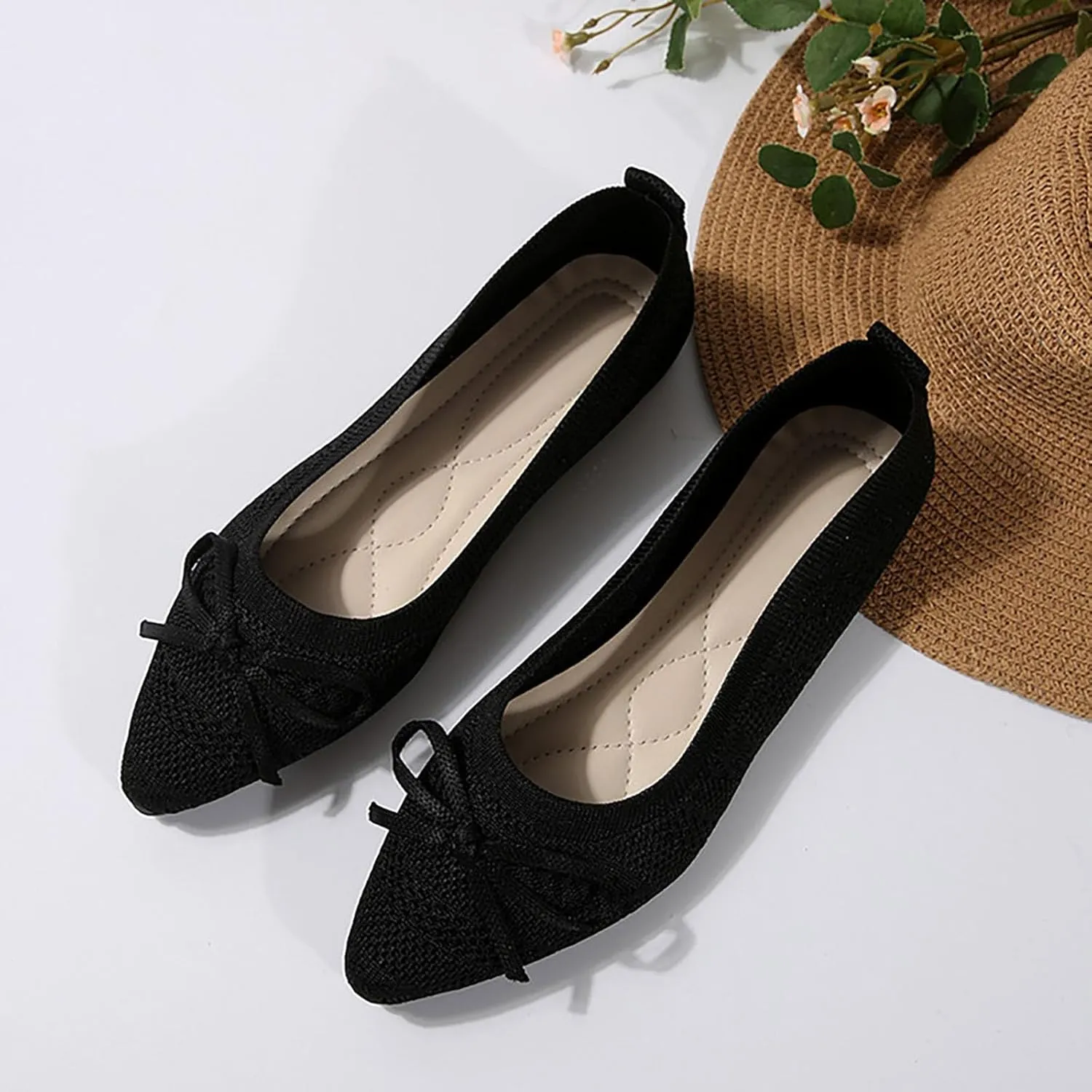Ballet Flats Shoes for Women 2025 Trendy Dressy Pointed Toe Bow Knit Flats Comfortable Slip On Work Business Shoes