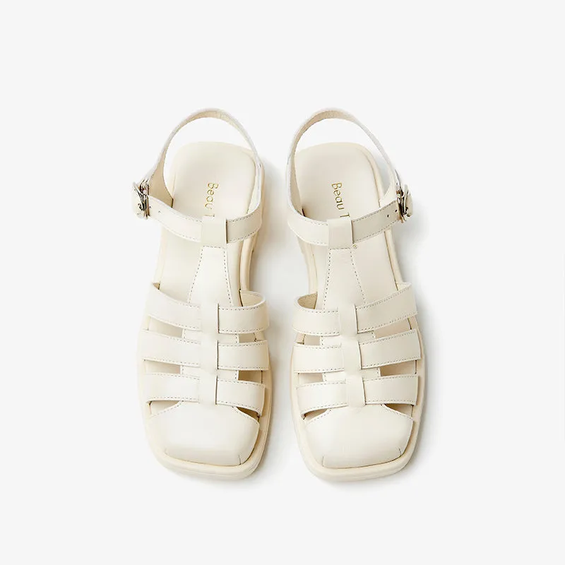 Beautoday Leather Closed Toe Fisherman Sandals with Low Heel for Women