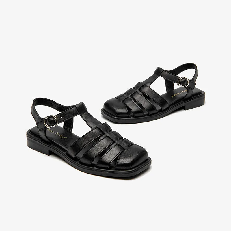 Beautoday Leather Closed Toe Fisherman Sandals with Low Heel for Women