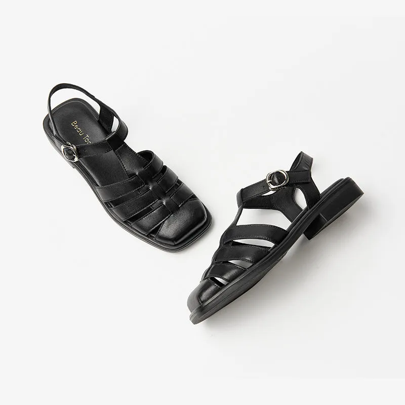 Beautoday Leather Closed Toe Fisherman Sandals with Low Heel for Women