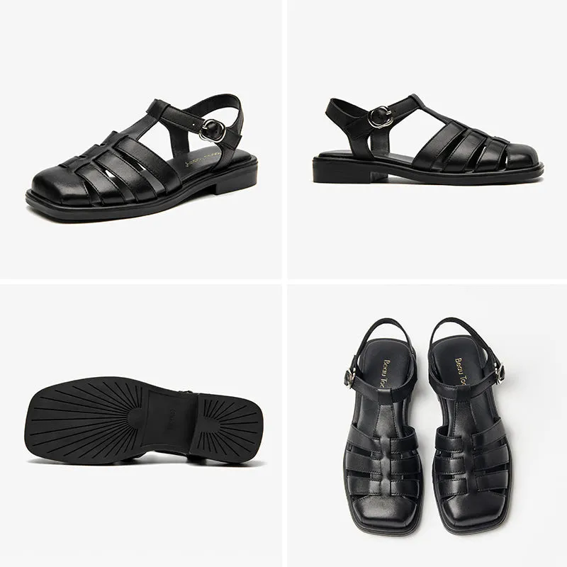 Beautoday Leather Closed Toe Fisherman Sandals with Low Heel for Women