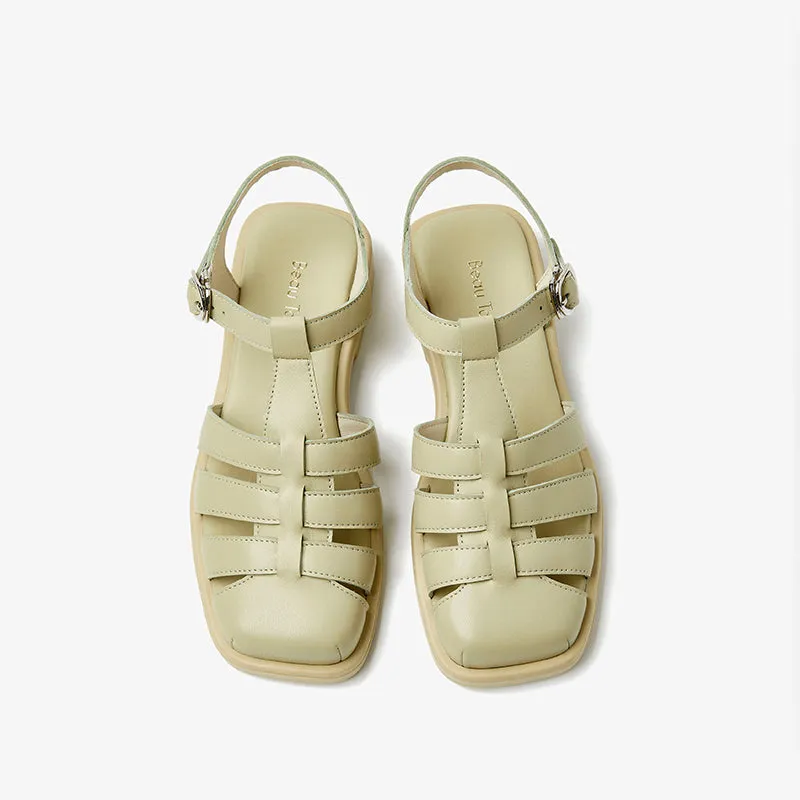 Beautoday Leather Closed Toe Fisherman Sandals with Low Heel for Women