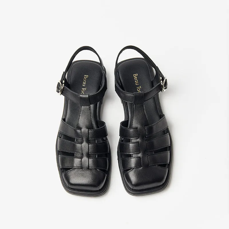 Beautoday Leather Closed Toe Fisherman Sandals with Low Heel for Women