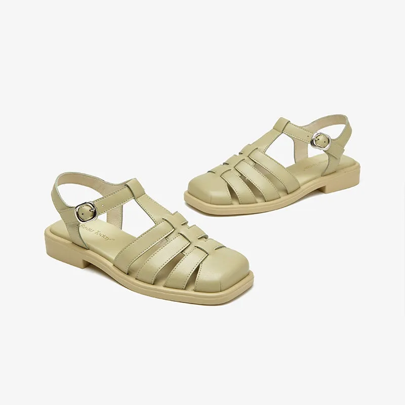 Beautoday Leather Closed Toe Fisherman Sandals with Low Heel for Women