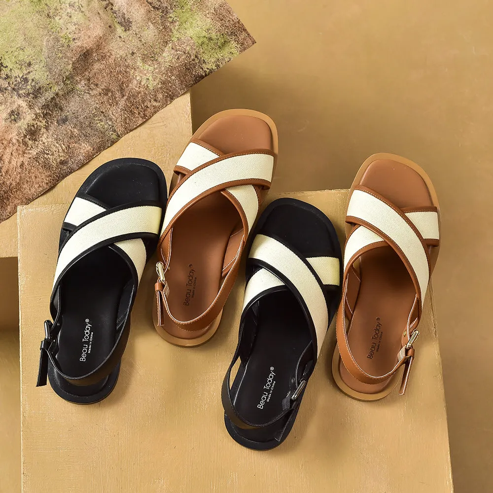 BeauToday Leisure Calfskin Cross Strap Slingback Sandals with Buckle Decor for Women