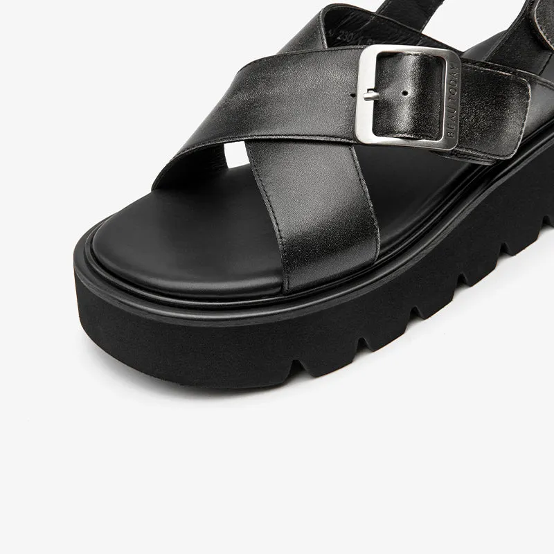 BeauToday Summer Womens Leather Chunky Sandals with Crossed-over Band