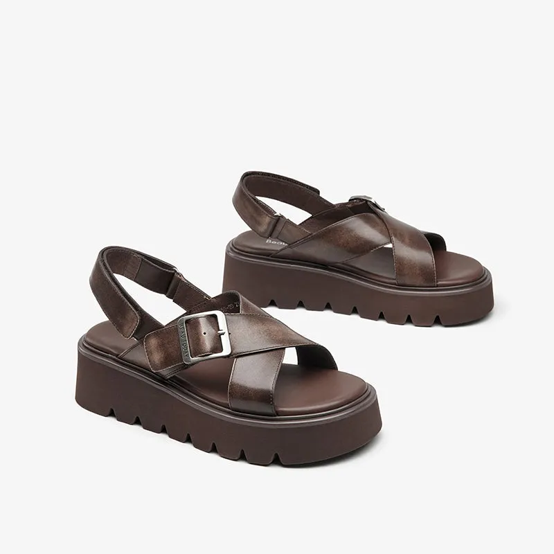 BeauToday Summer Womens Leather Chunky Sandals with Crossed-over Band