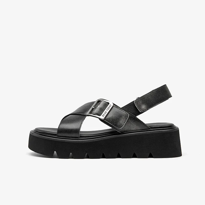 BeauToday Summer Womens Leather Chunky Sandals with Crossed-over Band