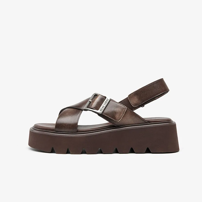 BeauToday Summer Womens Leather Chunky Sandals with Crossed-over Band