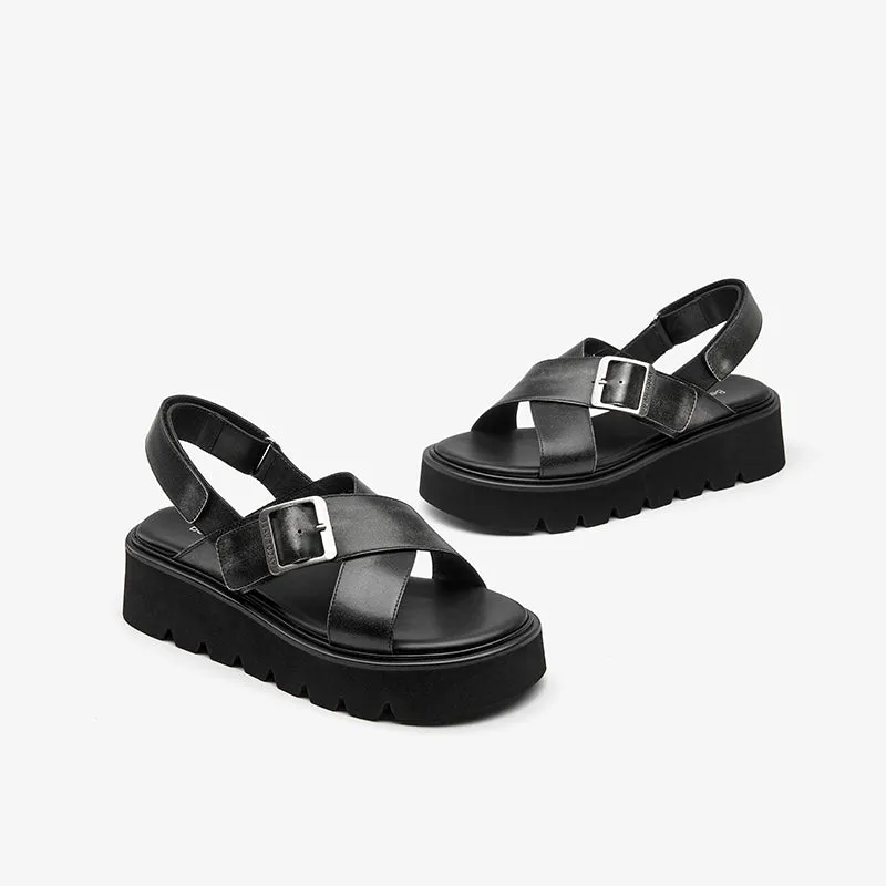 BeauToday Summer Womens Leather Chunky Sandals with Crossed-over Band