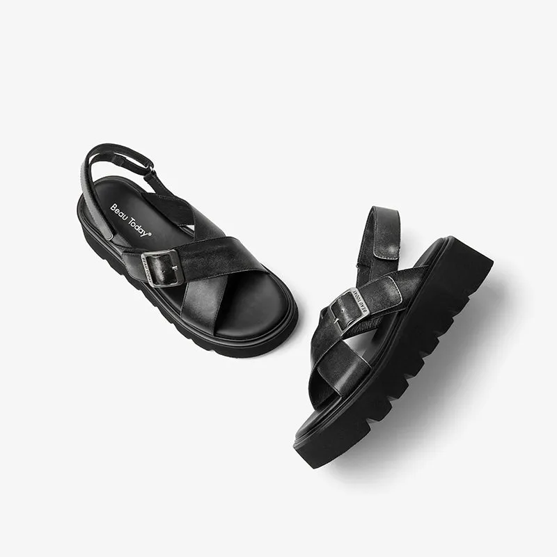 BeauToday Summer Womens Leather Chunky Sandals with Crossed-over Band