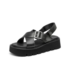BeauToday Summer Womens Leather Chunky Sandals with Crossed-over Band
