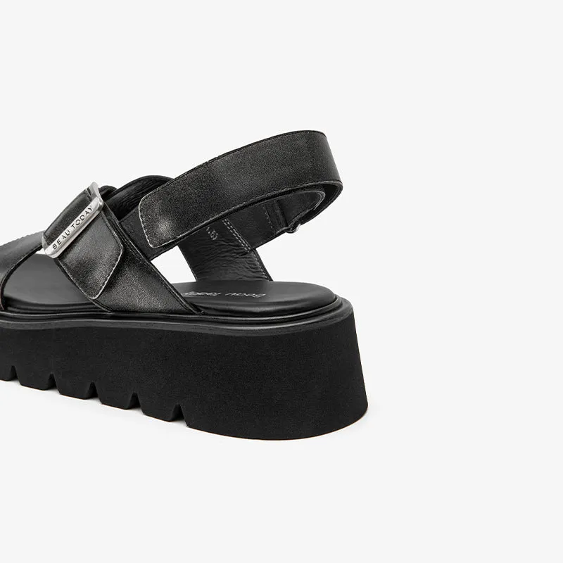 BeauToday Summer Womens Leather Chunky Sandals with Crossed-over Band
