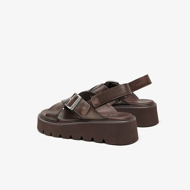 BeauToday Summer Womens Leather Chunky Sandals with Crossed-over Band