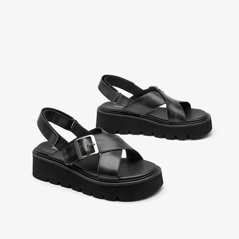 BeauToday Summer Womens Leather Chunky Sandals with Crossed-over Band