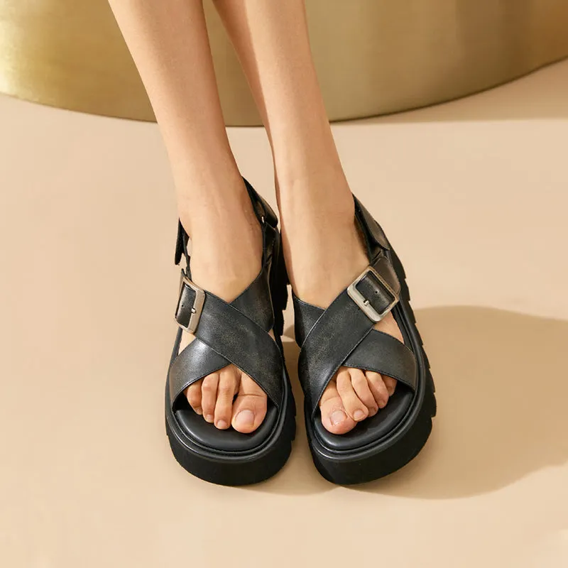 BeauToday Summer Womens Leather Chunky Sandals with Crossed-over Band