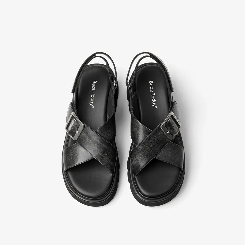 BeauToday Summer Womens Leather Chunky Sandals with Crossed-over Band