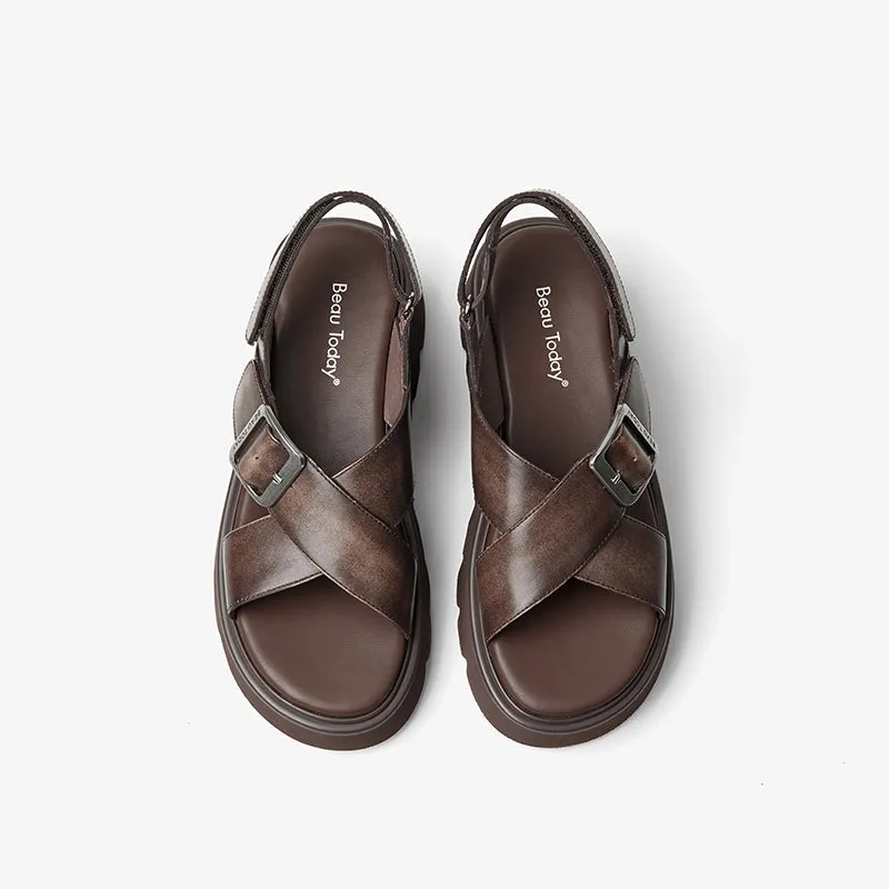 BeauToday Summer Womens Leather Chunky Sandals with Crossed-over Band