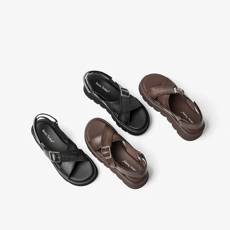 BeauToday Summer Womens Leather Chunky Sandals with Crossed-over Band