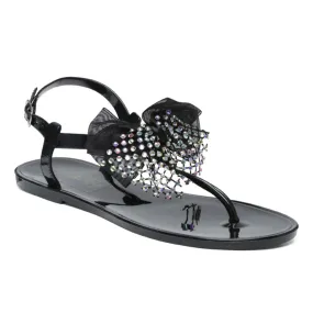 Bow-tie T Strap Flat Sandals in Black