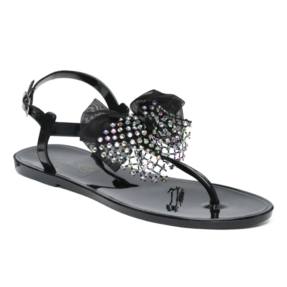 Bow-tie T Strap Flat Sandals in Black