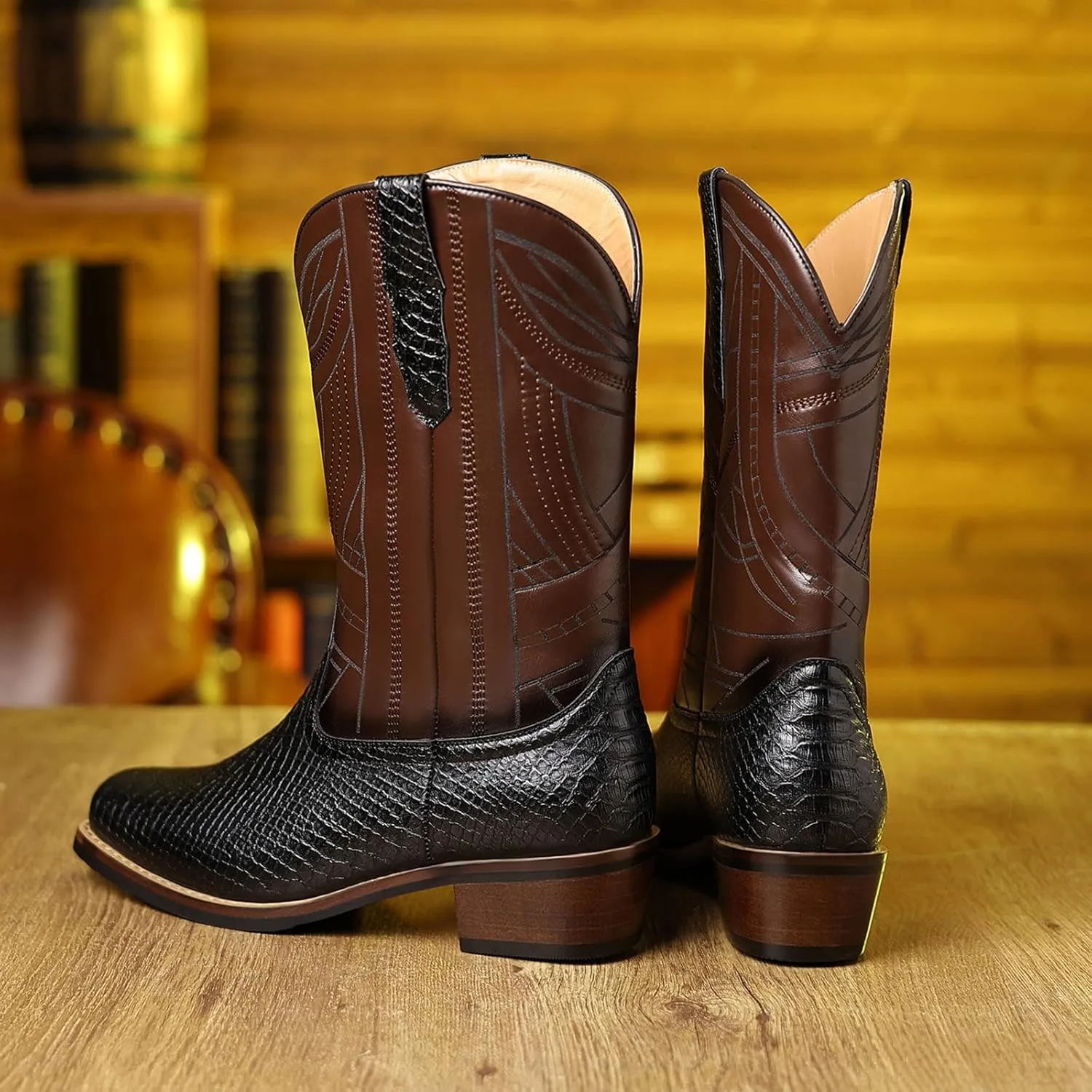 Cowboy Western Boots for Men Square Toe with Classic Snake Print Durable Slip on Boots