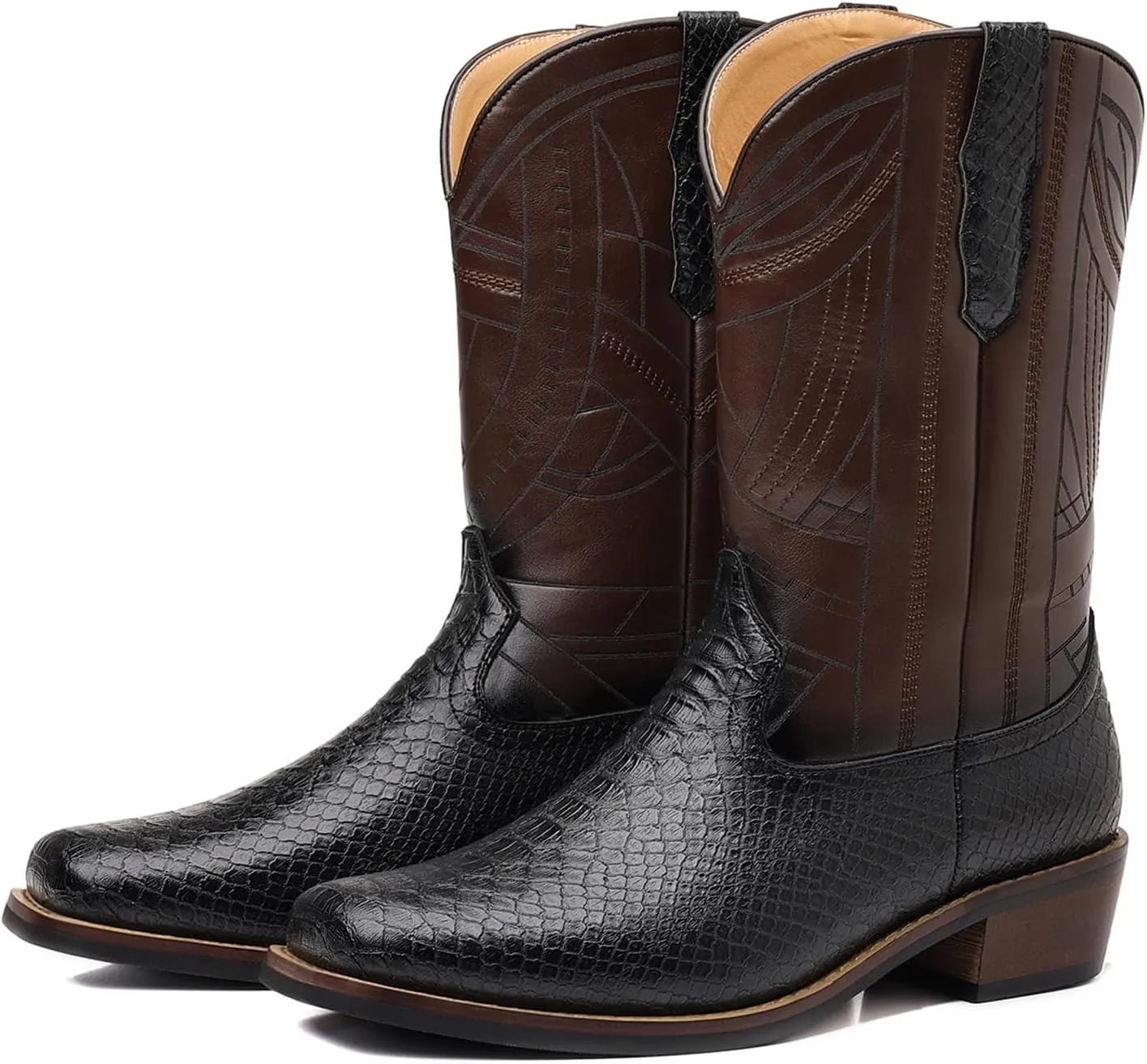 Cowboy Western Boots for Men Square Toe with Classic Snake Print Durable Slip on Boots