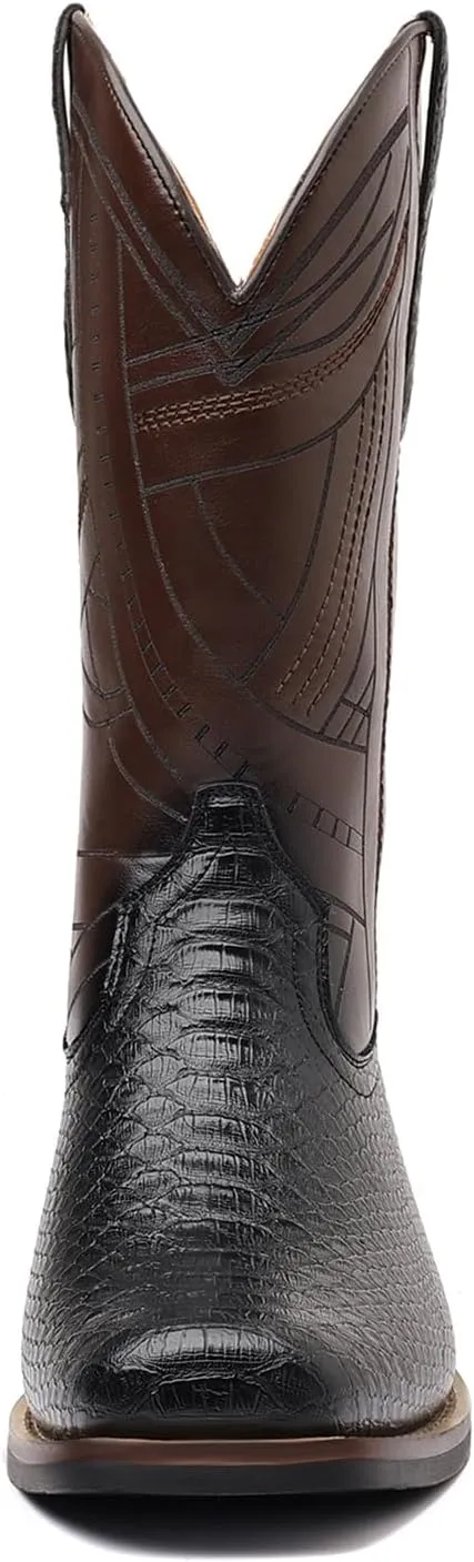 Cowboy Western Boots for Men Square Toe with Classic Snake Print Durable Slip on Boots