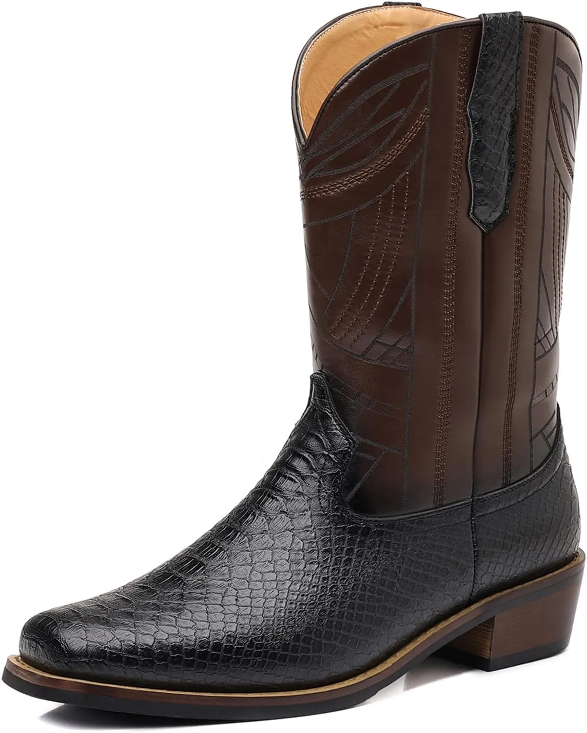 Cowboy Western Boots for Men Square Toe with Classic Snake Print Durable Slip on Boots