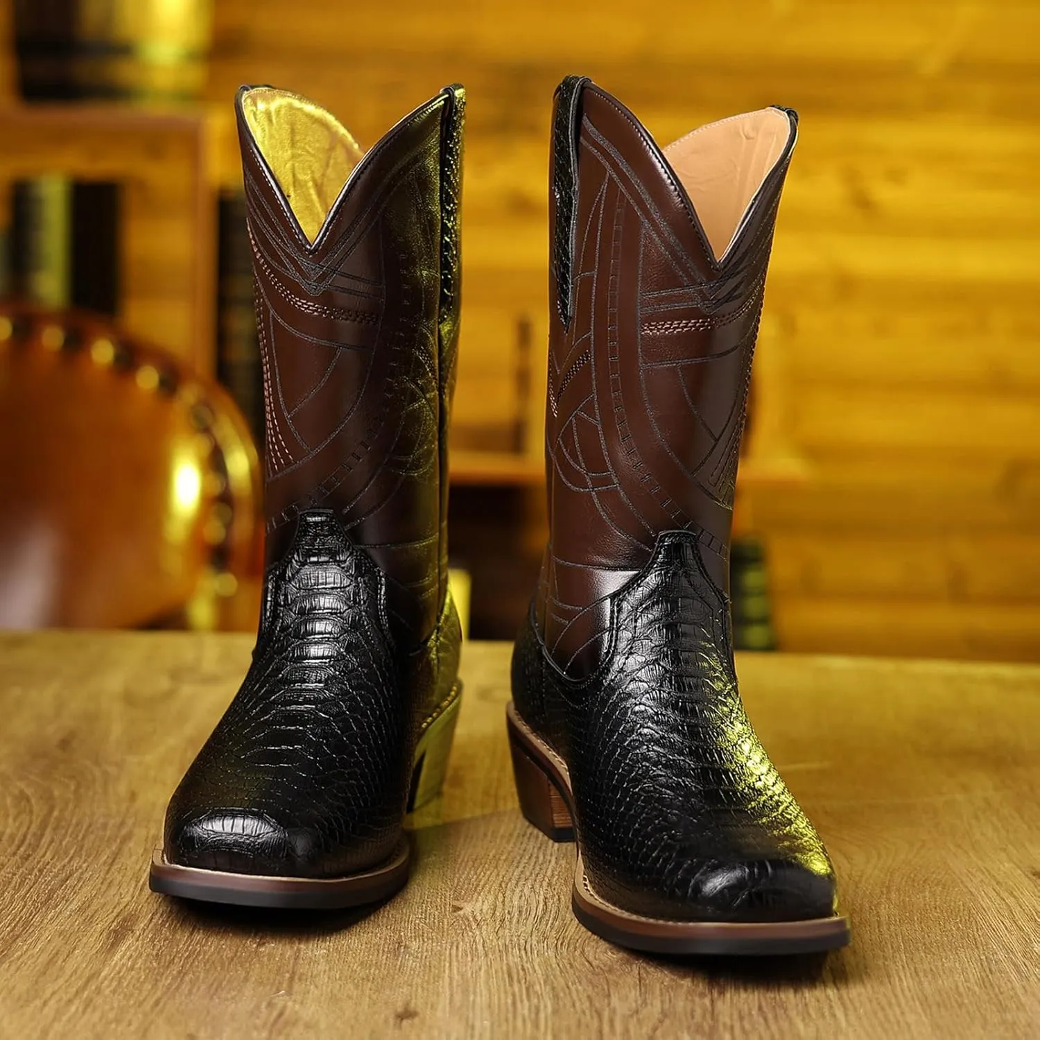 Cowboy Western Boots for Men Square Toe with Classic Snake Print Durable Slip on Boots