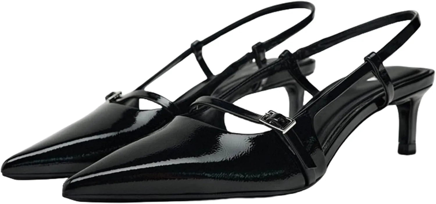 Fashion Kitten Heels for Women Metallic Slingback Buckle Heels