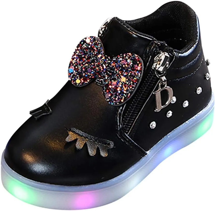 Kids Baby Girls Shoes Sneakers Crystal LED Light Up Luminous Bowknot Sneakers Winter Warmfor Boots 1-6 T