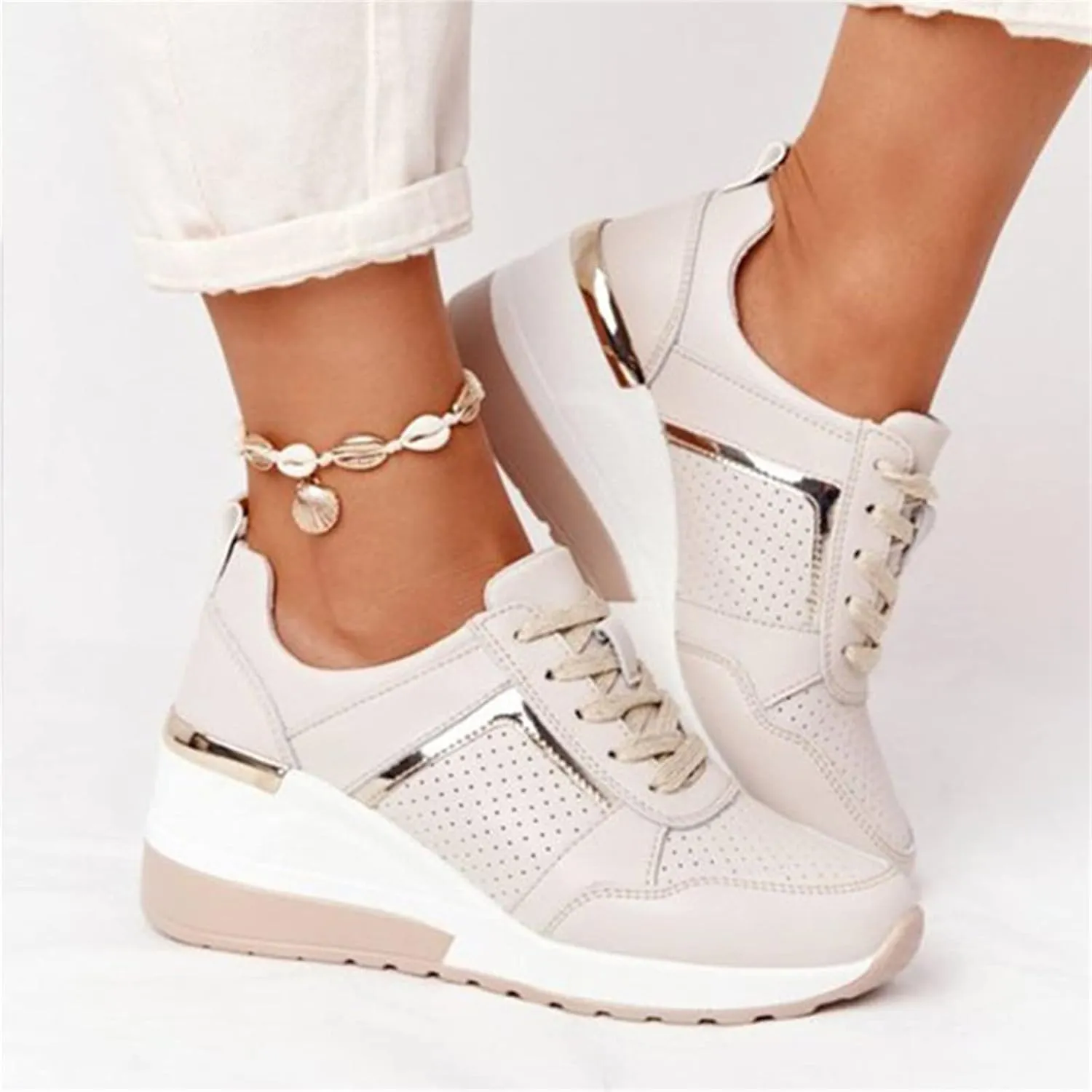 Ladmiple Shoes For Women Sneakers Trendy Slip On Walking Shoes Non Slip Lightweight Fashion Lace Up Platform Loafers