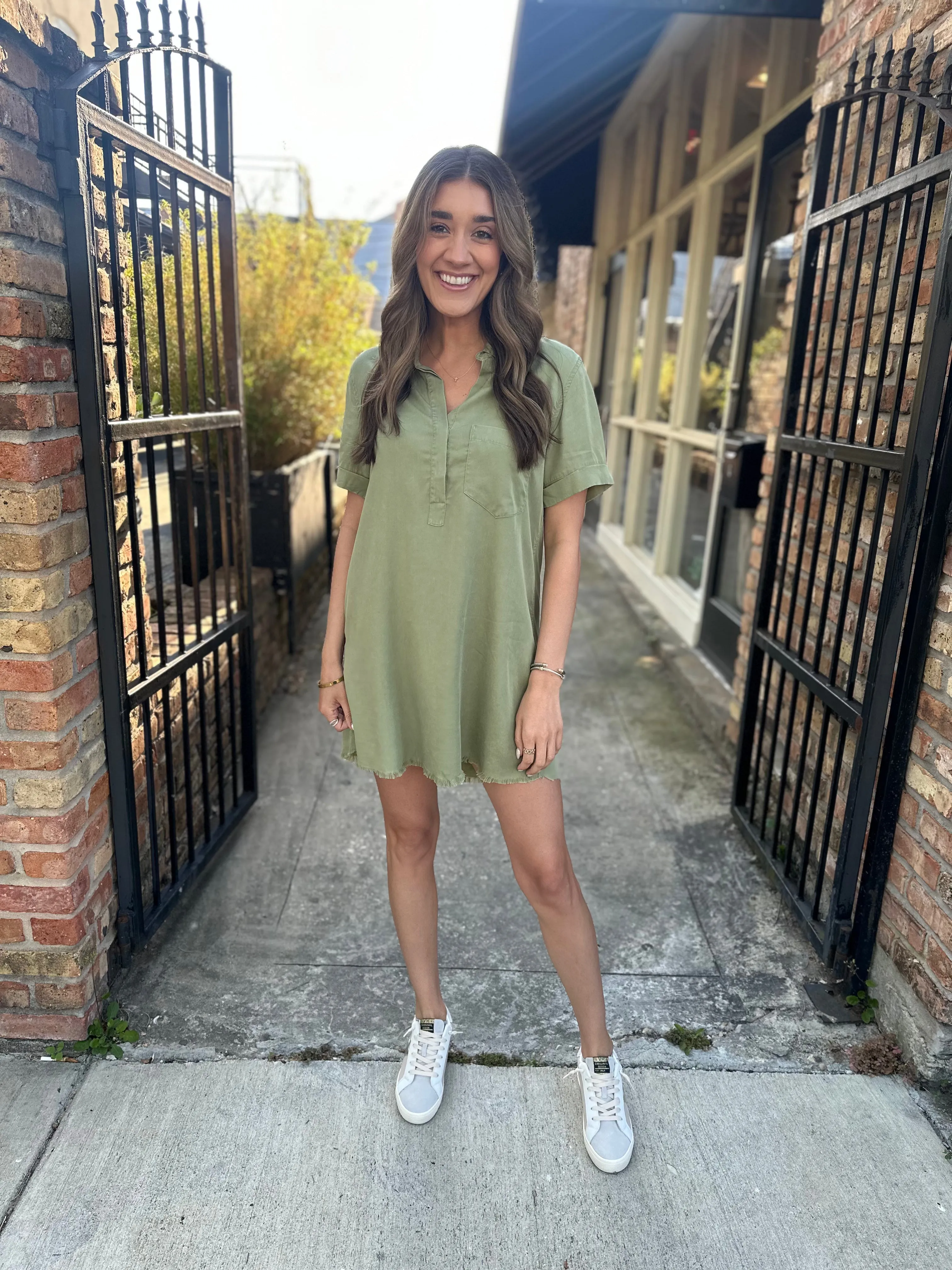 Moon Washed Denim Mini Dress- Olive