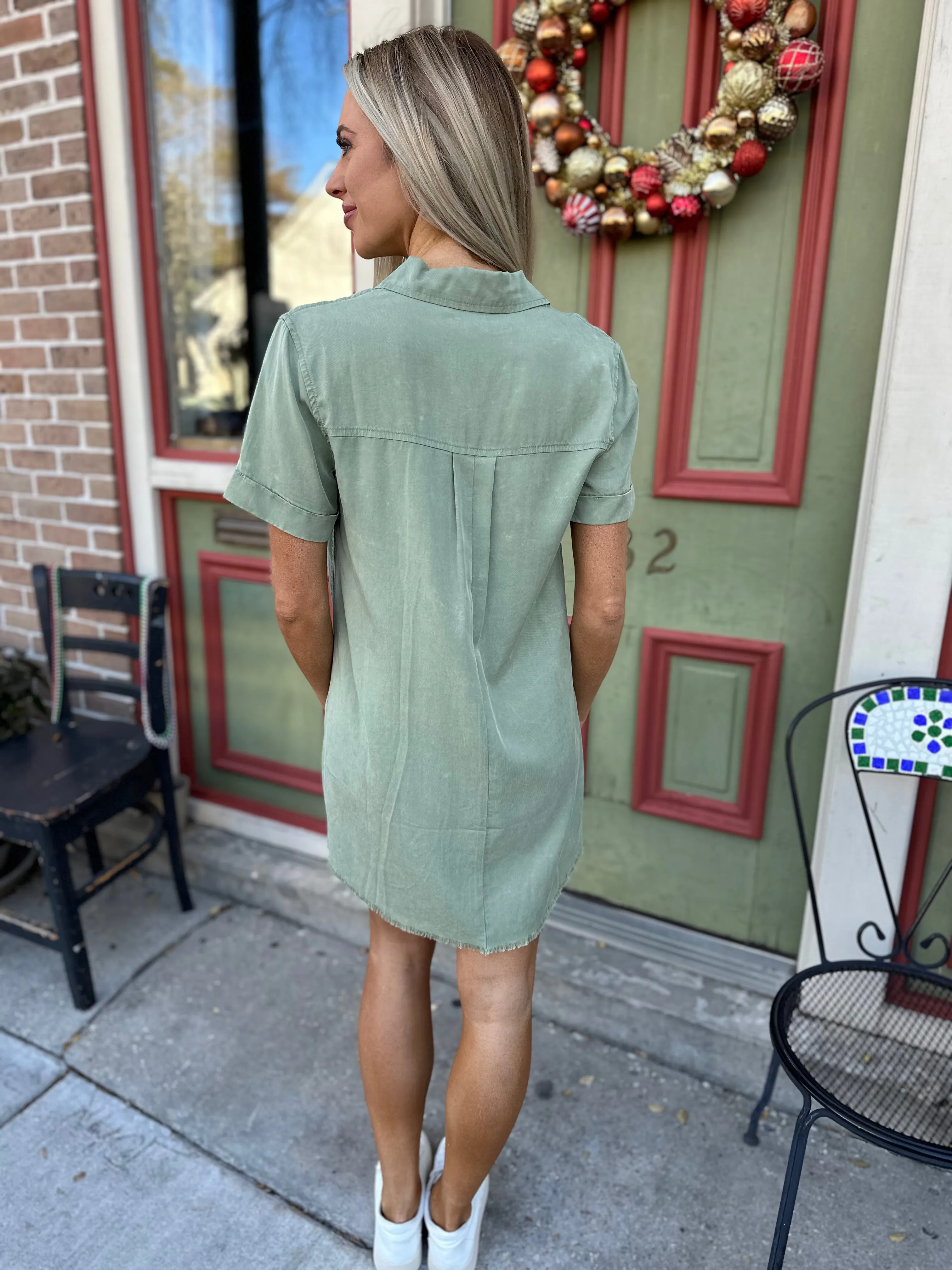 Moon Washed Denim Mini Dress- Olive