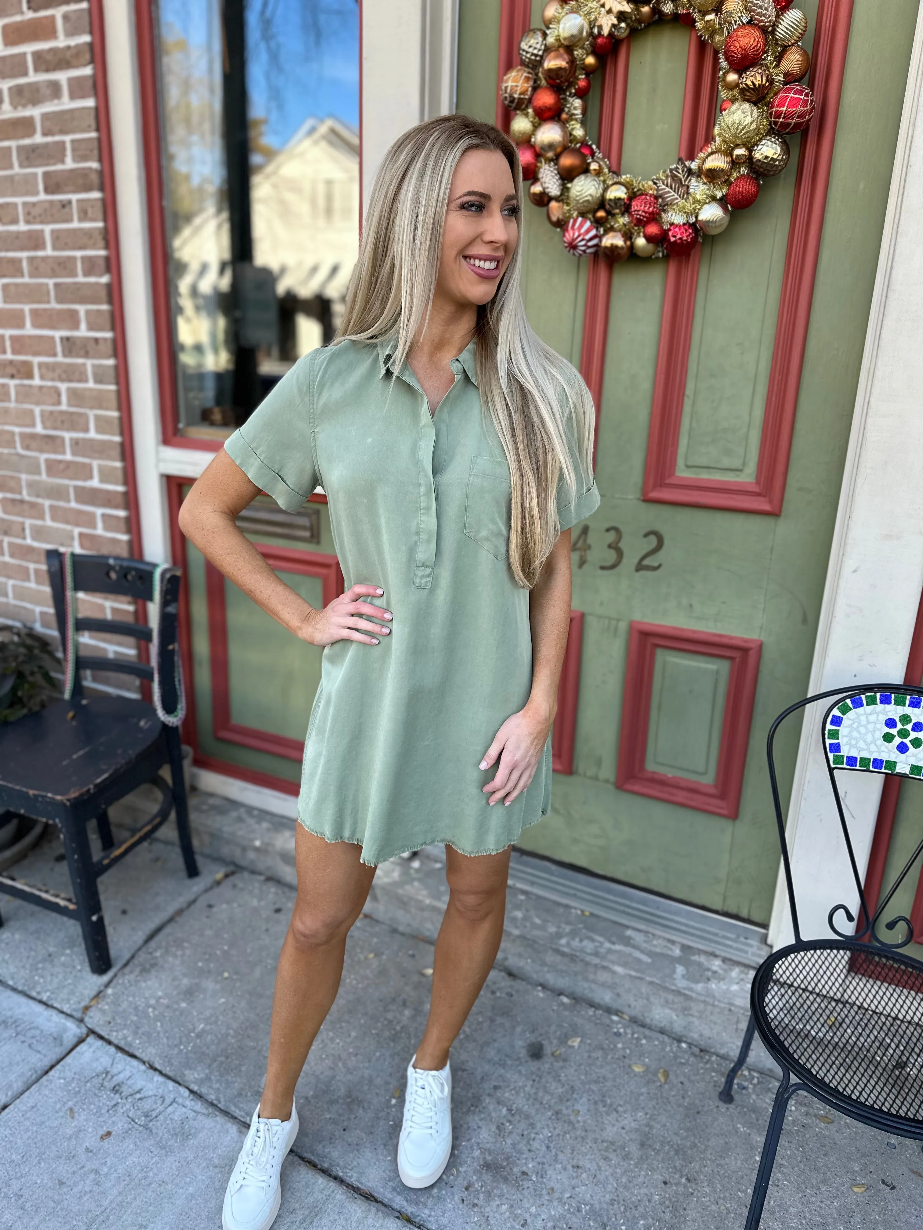 Moon Washed Denim Mini Dress- Olive