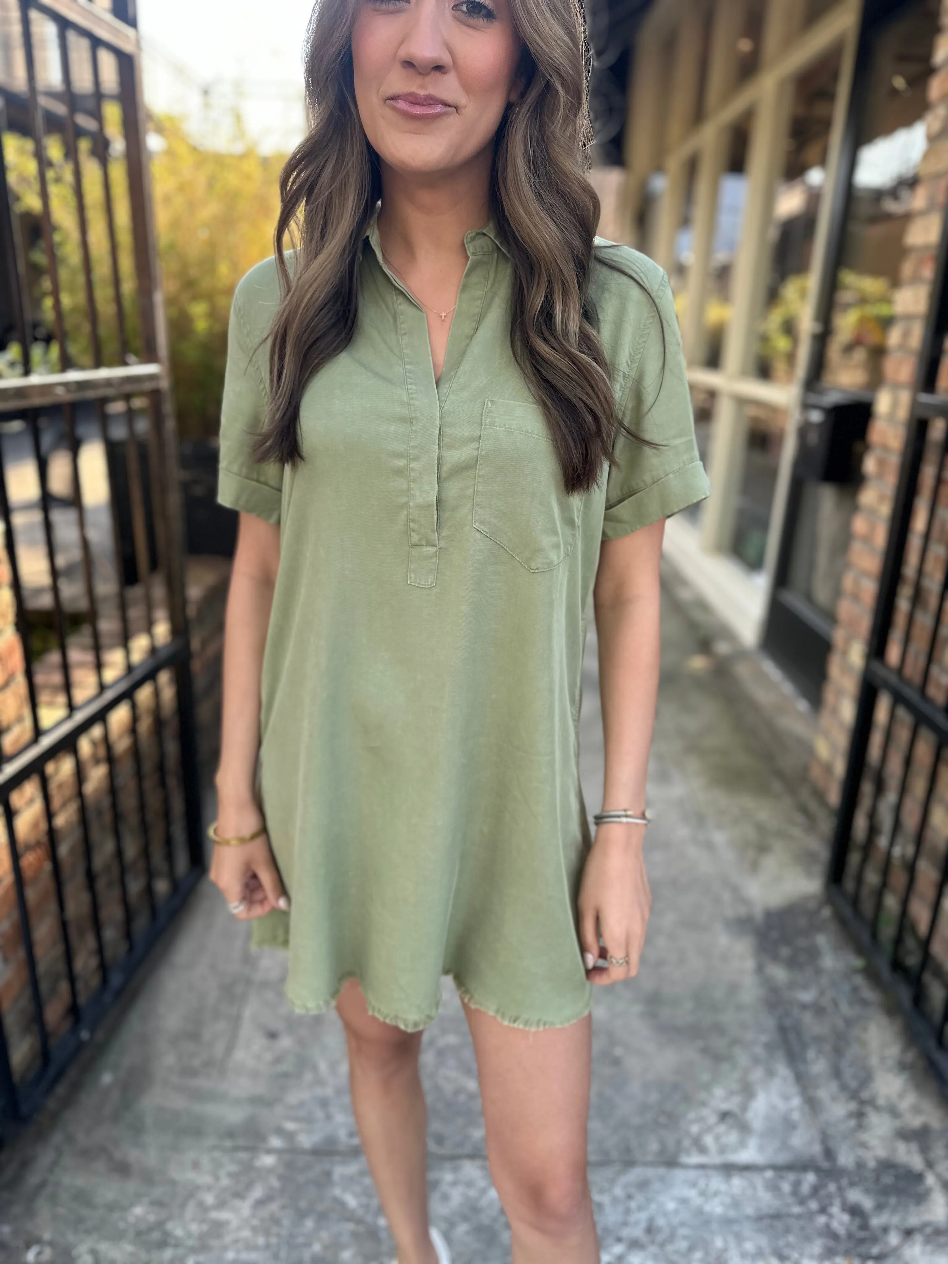 Moon Washed Denim Mini Dress- Olive