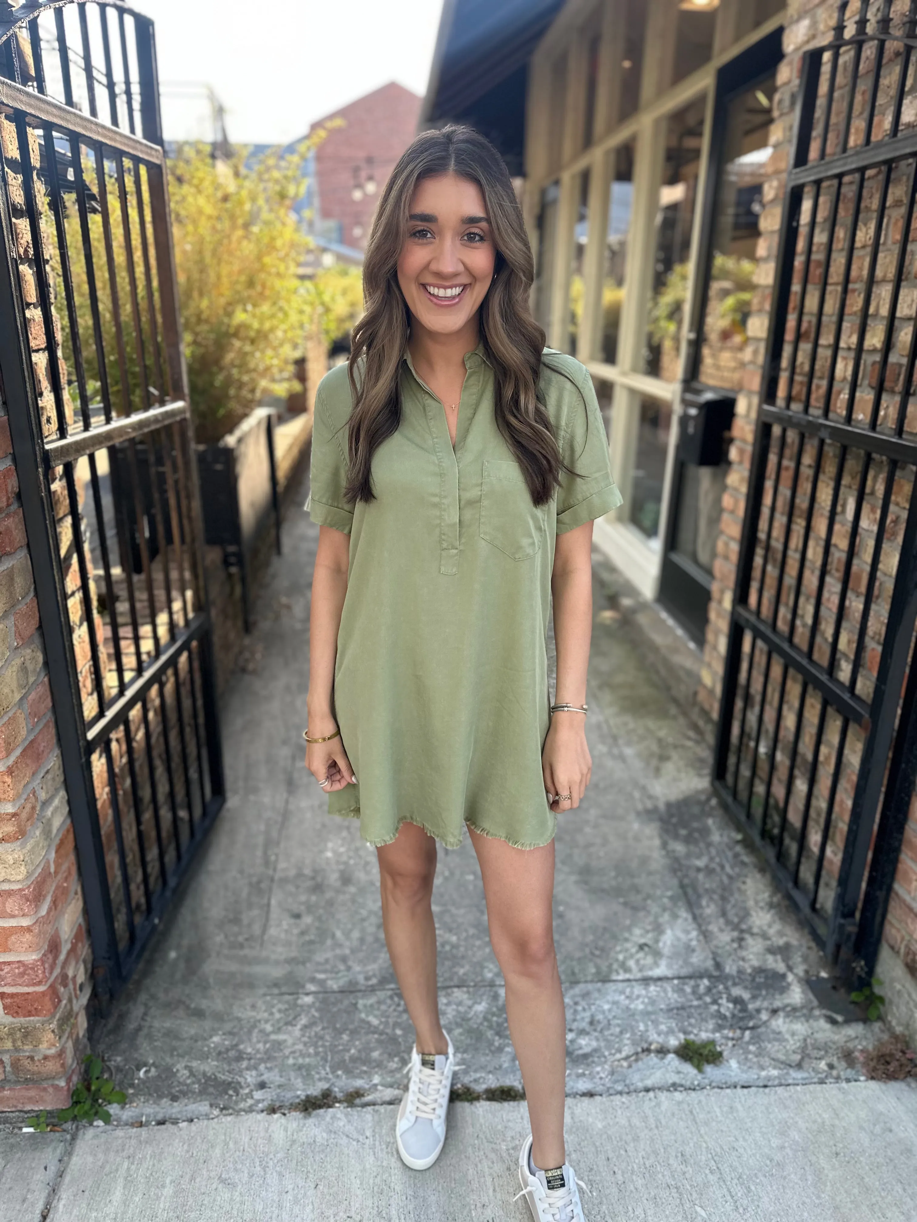Moon Washed Denim Mini Dress- Olive
