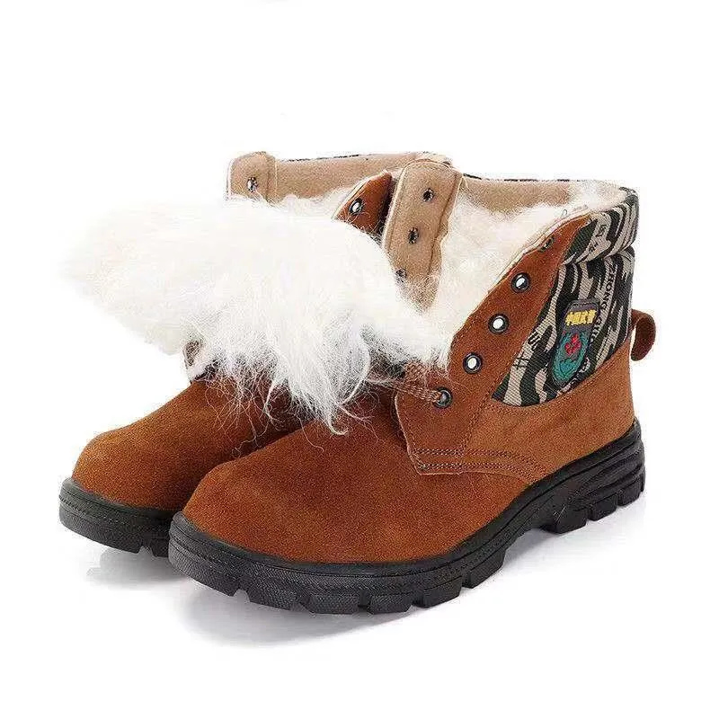 Thick plush lined lace-up work combat boots for men | Chunky low heel anti-skid shoes