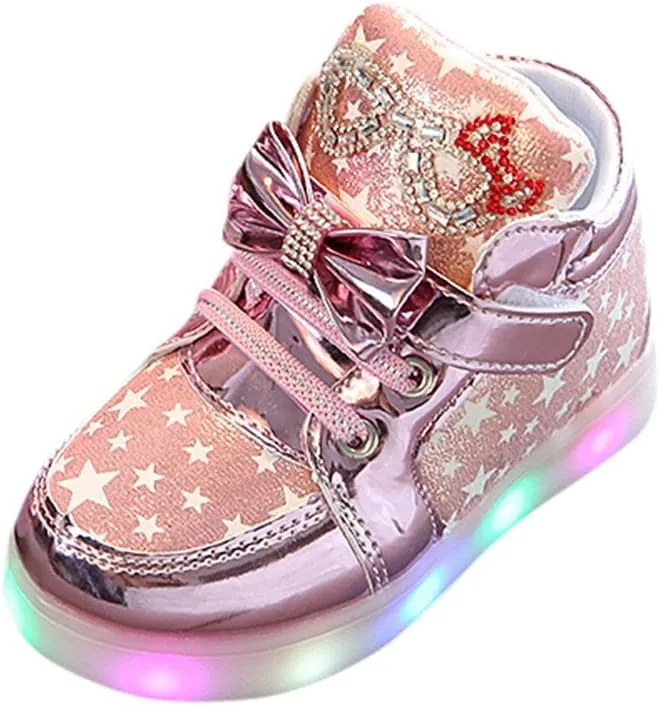 Toddler Light Up High Top Sneakers Boys Girls Fashion Star Bowknot Casual Colorful Luminous Sole Walking Shoes