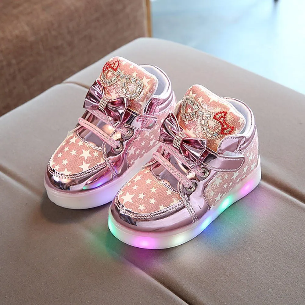 Toddler Light Up High Top Sneakers Boys Girls Fashion Star Bowknot Casual Colorful Luminous Sole Walking Shoes