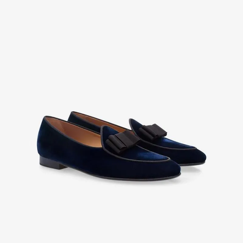 Velvet Round Toe Loafers with Bow