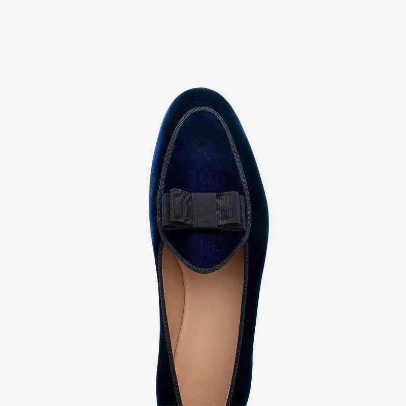 Velvet Round Toe Loafers with Bow