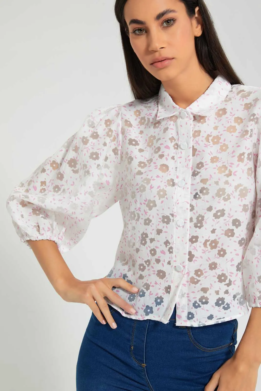 White Floral Organza Shirt