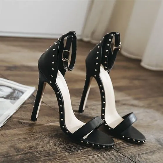 Women summer fashion high heel peep toe ankle strap studded heels