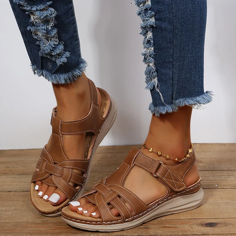 Women wedge sandals hollow magic tape peep toe walking sandals