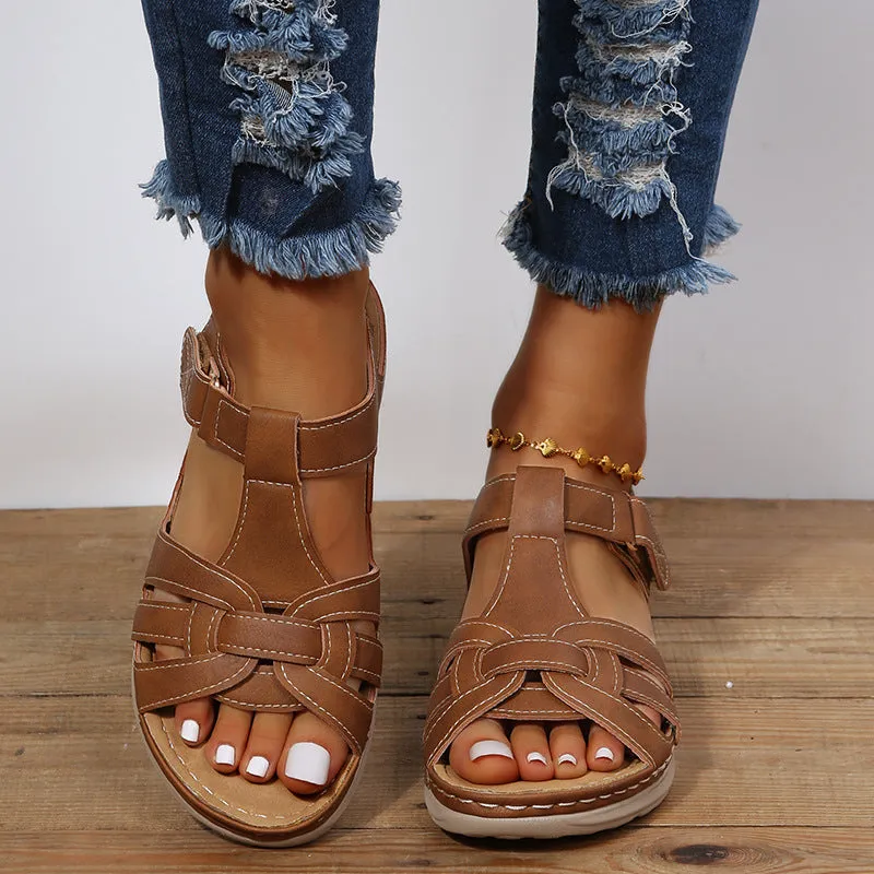 Women wedge sandals hollow magic tape peep toe walking sandals