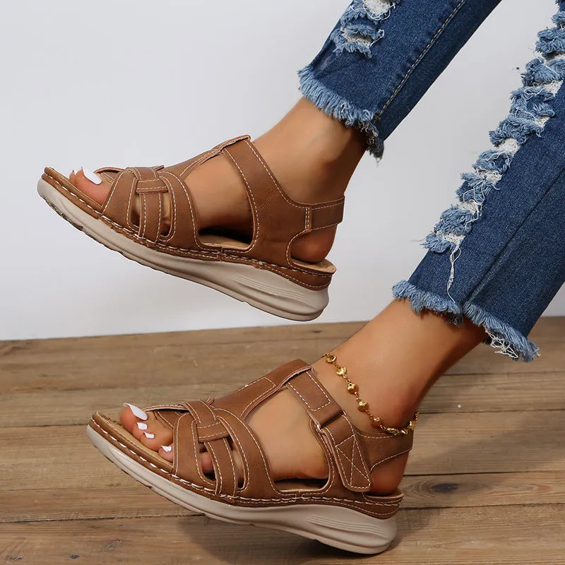Women wedge sandals hollow magic tape peep toe walking sandals